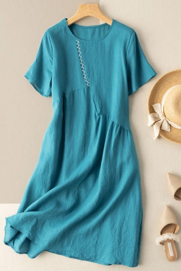 Solid Color Short Sleeve Casual Midi Dress (Fit 95lbs - 170lbs)