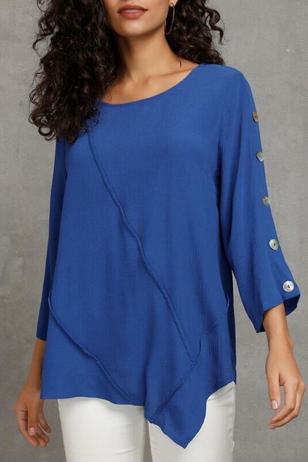 Button Sleeve Round Neck Blouse