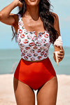 Printed Contrast Color Split Swimsuit