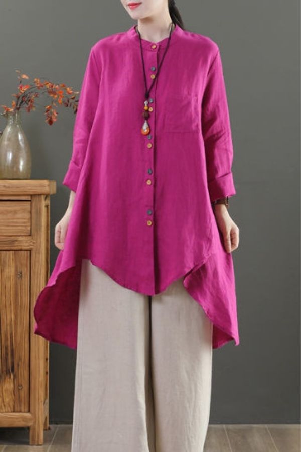 Asymmetric Lenght Soild Color Long Sleeve Cotton  Shirt