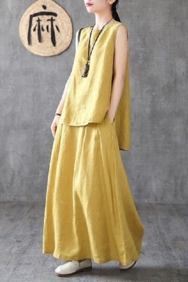 Cotton Solid Color Sleeveless Dress Suits