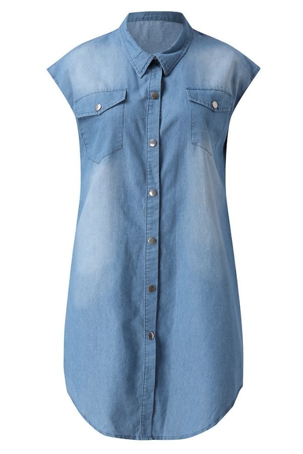 Shirt Collar Blue Midi Dress