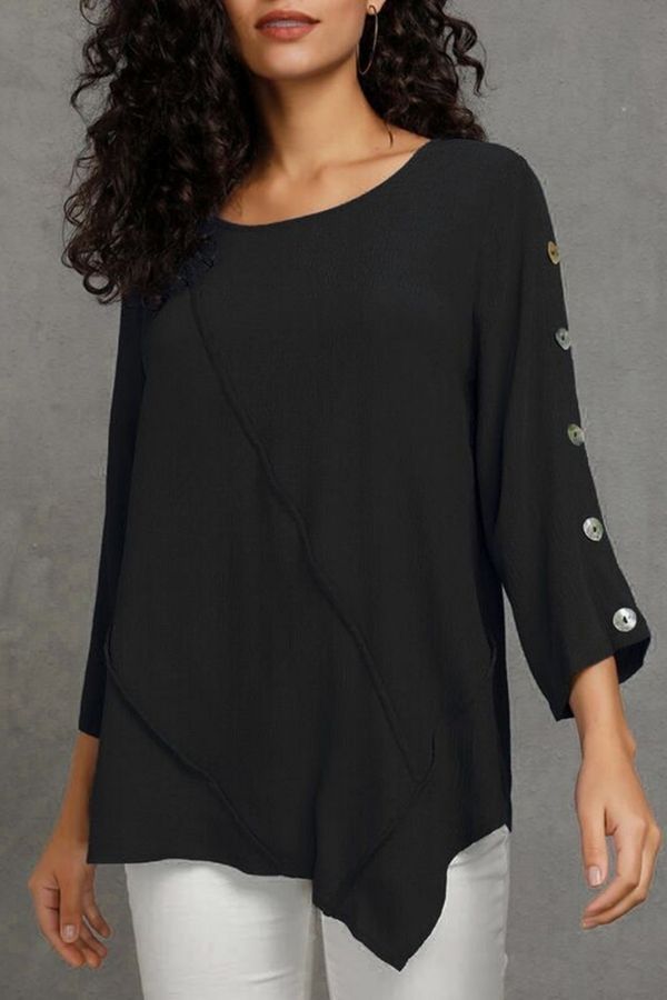 Button Sleeve Round Neck Blouse