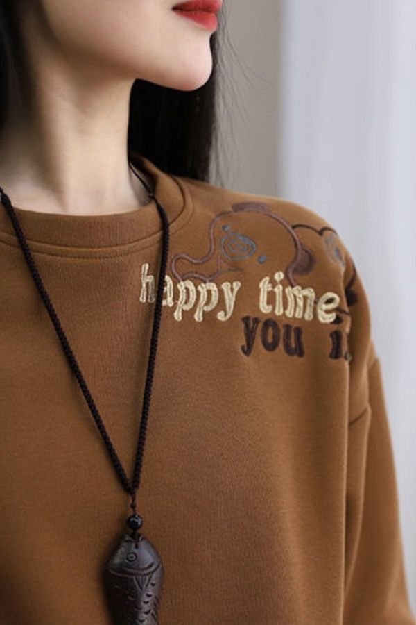 Embroidery Cotton Round Neck Sweatshirt