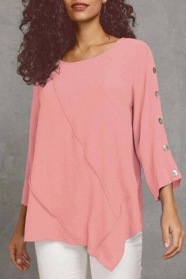 Button Sleeve Round Neck Blouse