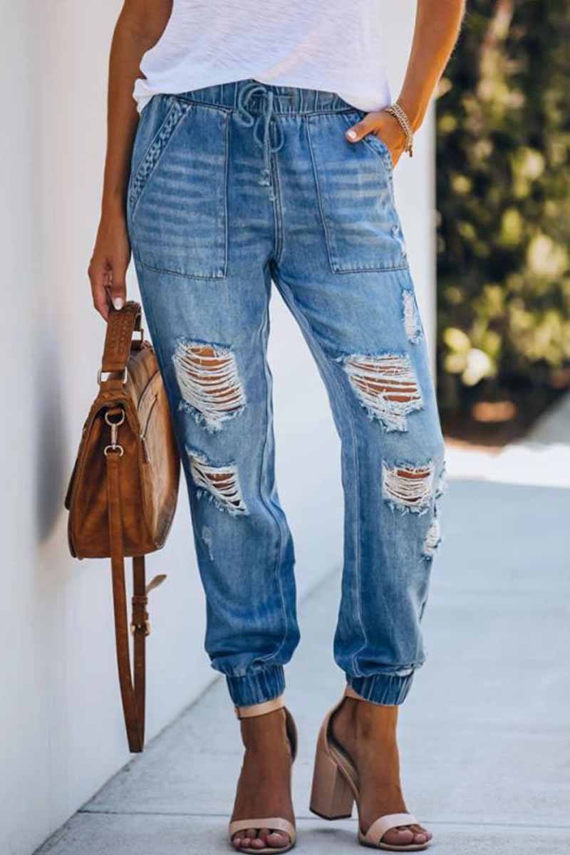 Adjustable Waist Ripped Loose Jeans ohmylady/Pants OML S Blue 