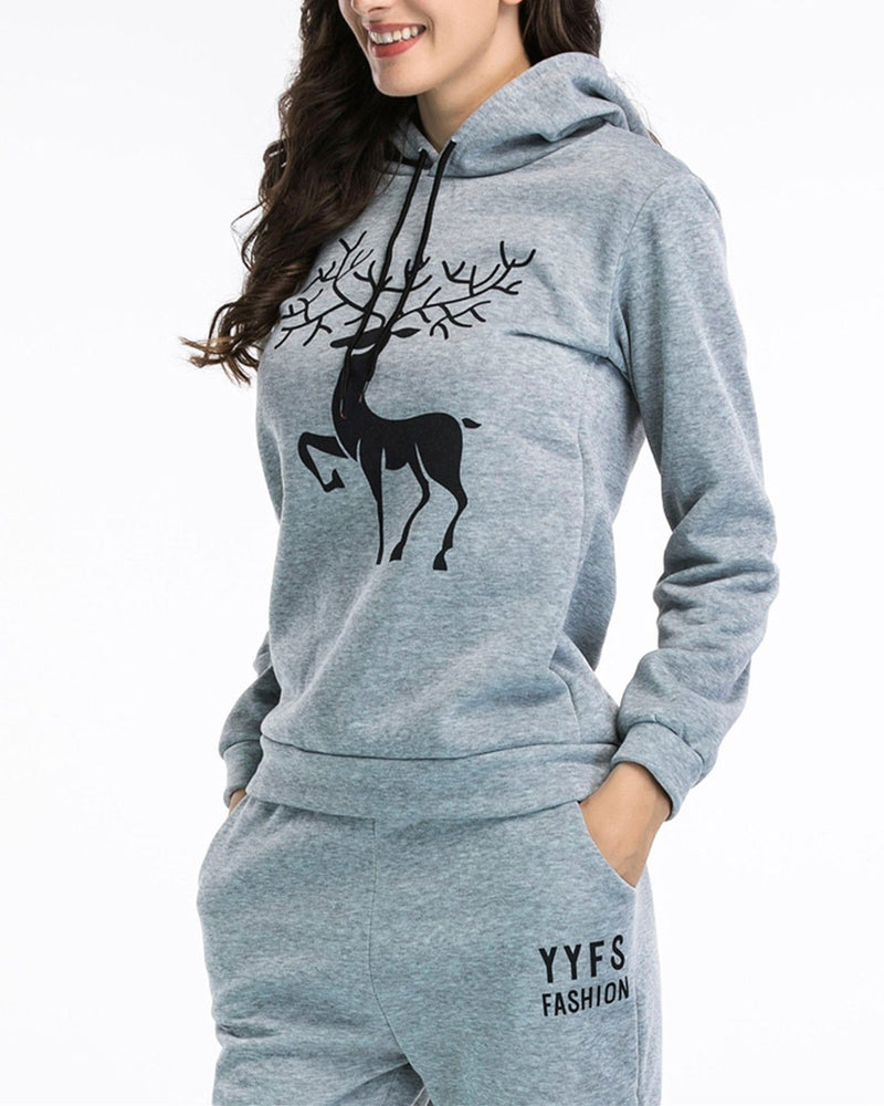 Antlers Print Christmas Hooded Sweater - Grey oh!My Lady 
