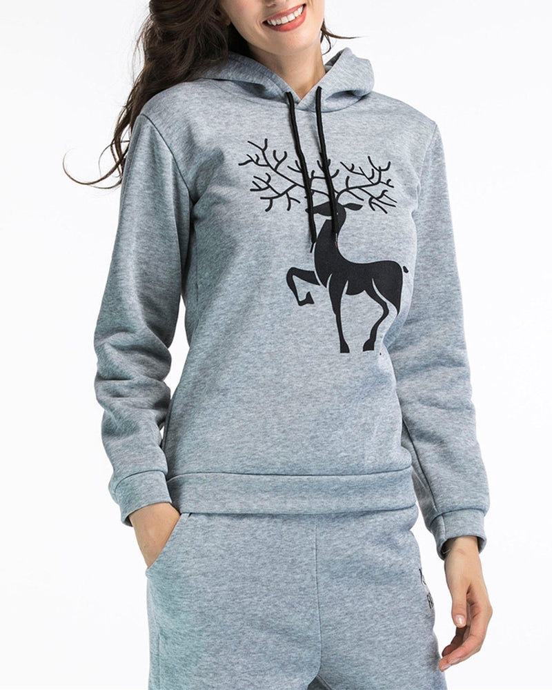 Antlers Print Christmas Hooded Sweater - Grey oh!My Lady 