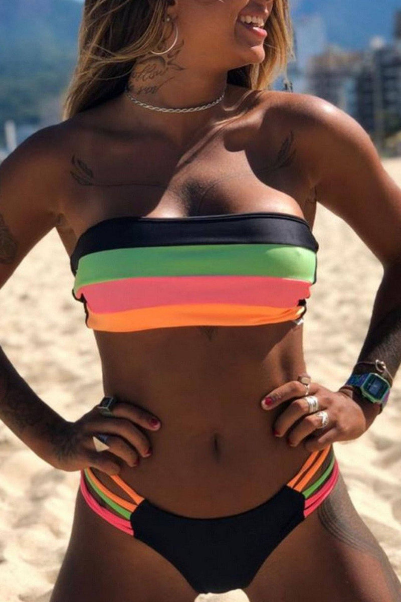 Bandeau Rainbow Striped Bikini Set (3 Colors) ohmylady/Swimwear OML S(2-4) Black 