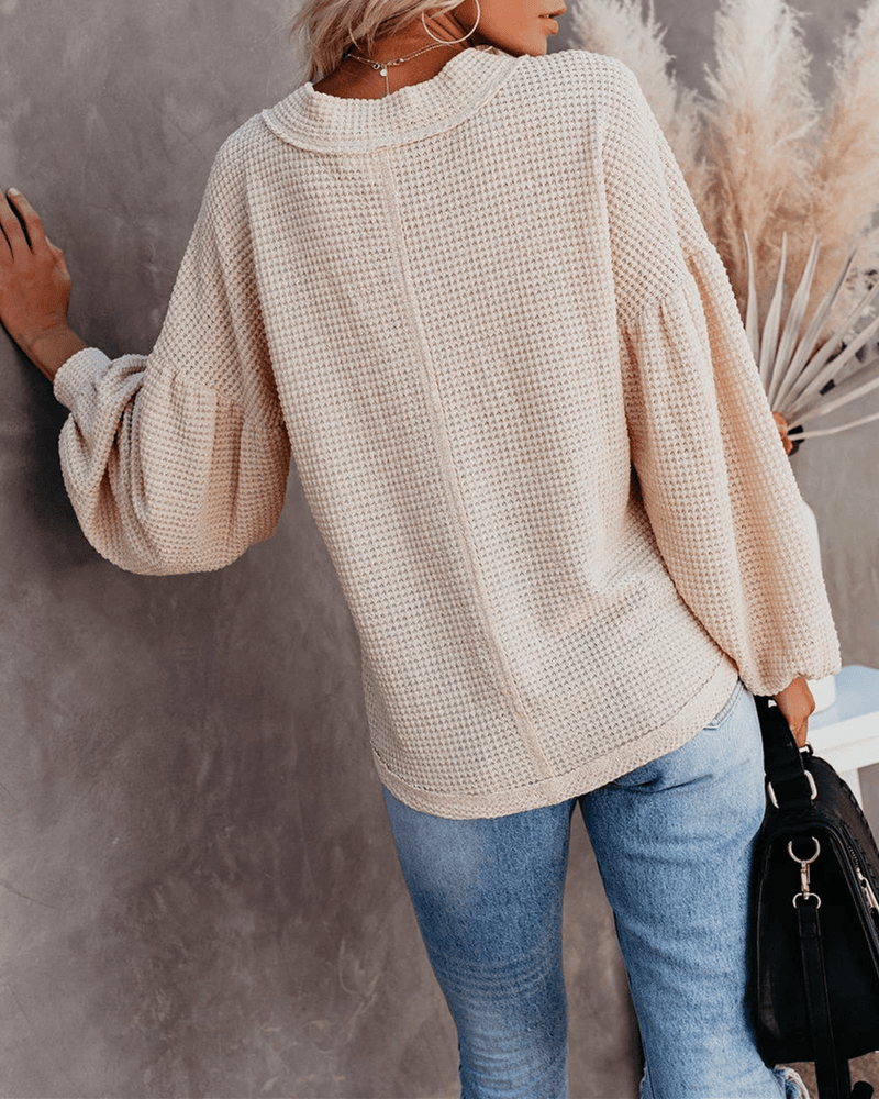 Be Happy Billowed Sleeve Thermal Knit Top - Beige oh!My Lady 