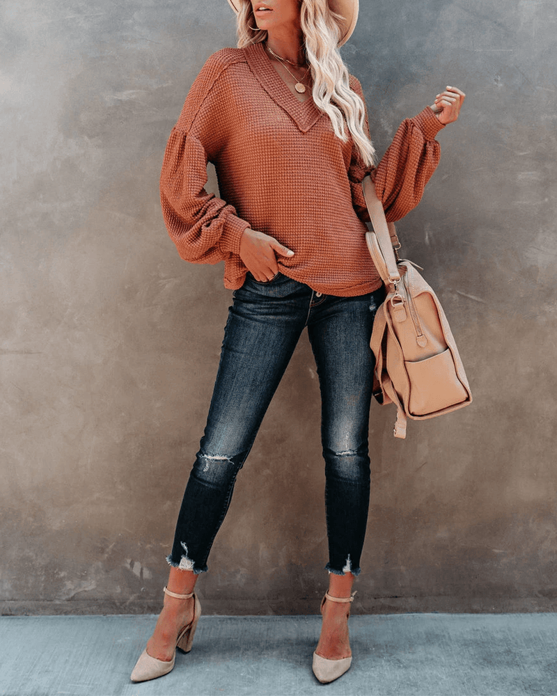 Be Happy Billowed Sleeve Thermal Knit Top - Rust oh!My Lady 