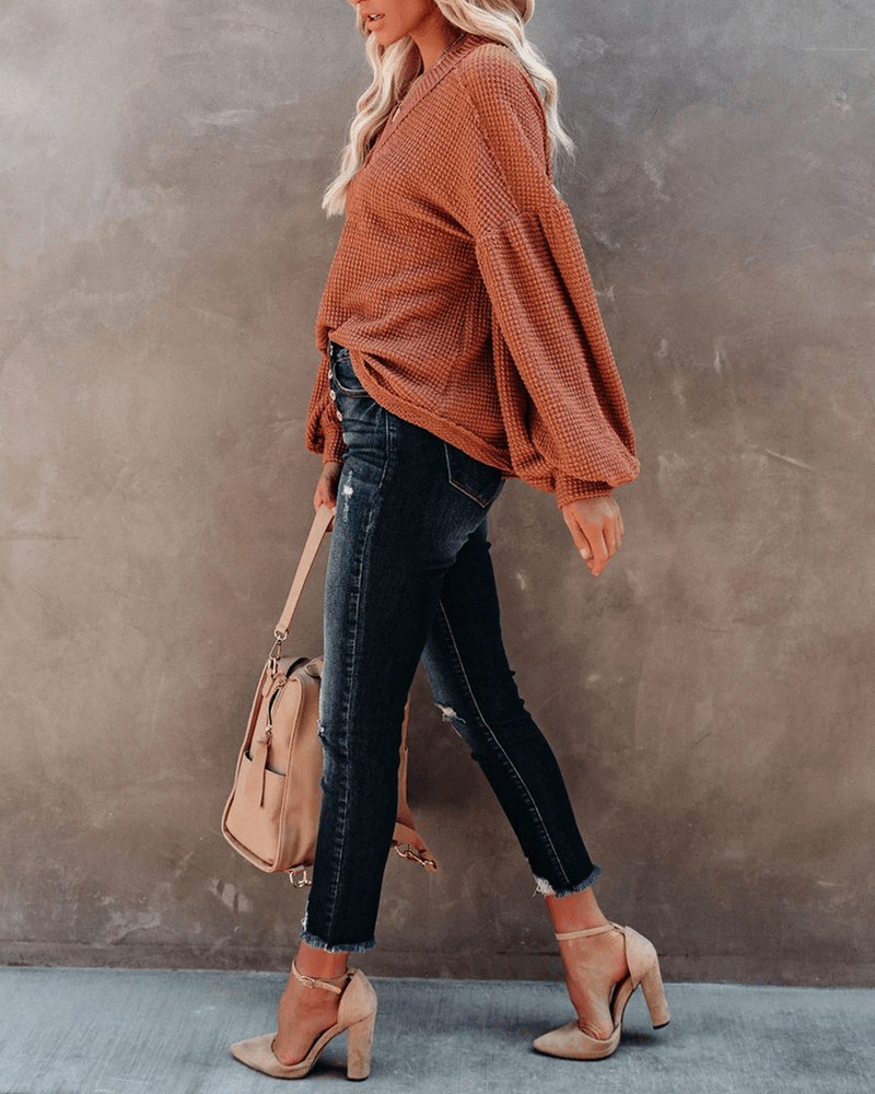 Be Happy Billowed Sleeve Thermal Knit Top - Rust oh!My Lady 