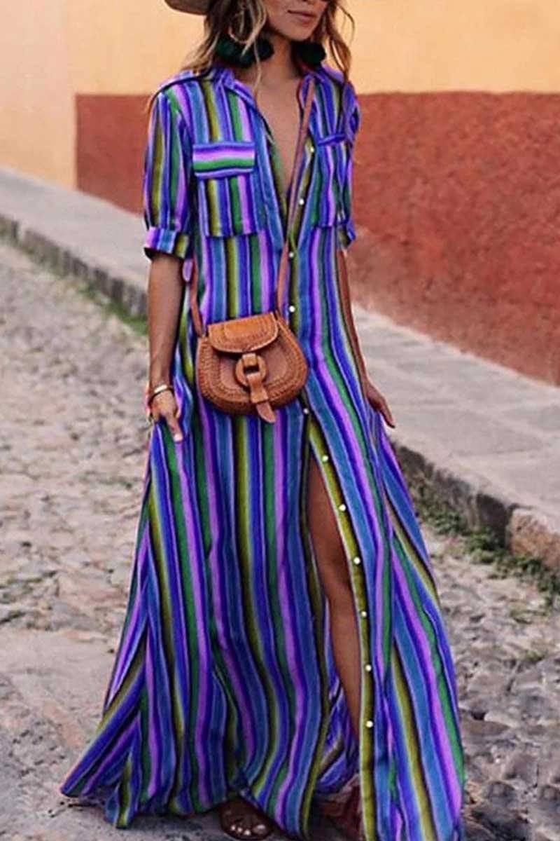 Bohemian Multicolor Striped Dress ohmylady/Dresses - x OML S(2-4) Blue 