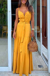 Button V-Neck Maxi Dress With Belt ohmylady/Dresses OML S(2-4) Yellow 