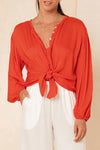 Buttons Design Lace-up Red Blouse ohmylady/Tops - x OML 