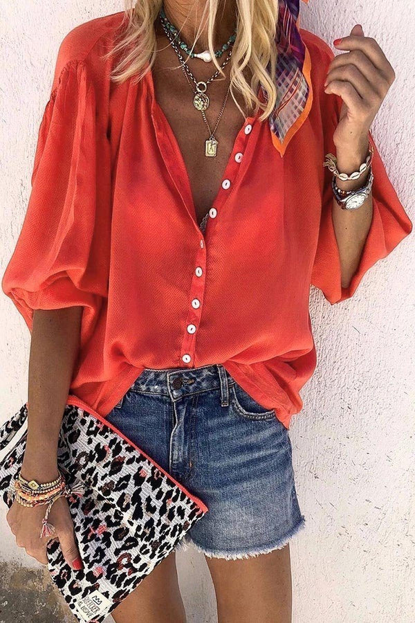 Buttons Design Lace-up Red Blouse ohmylady/Tops - x OML S Red 