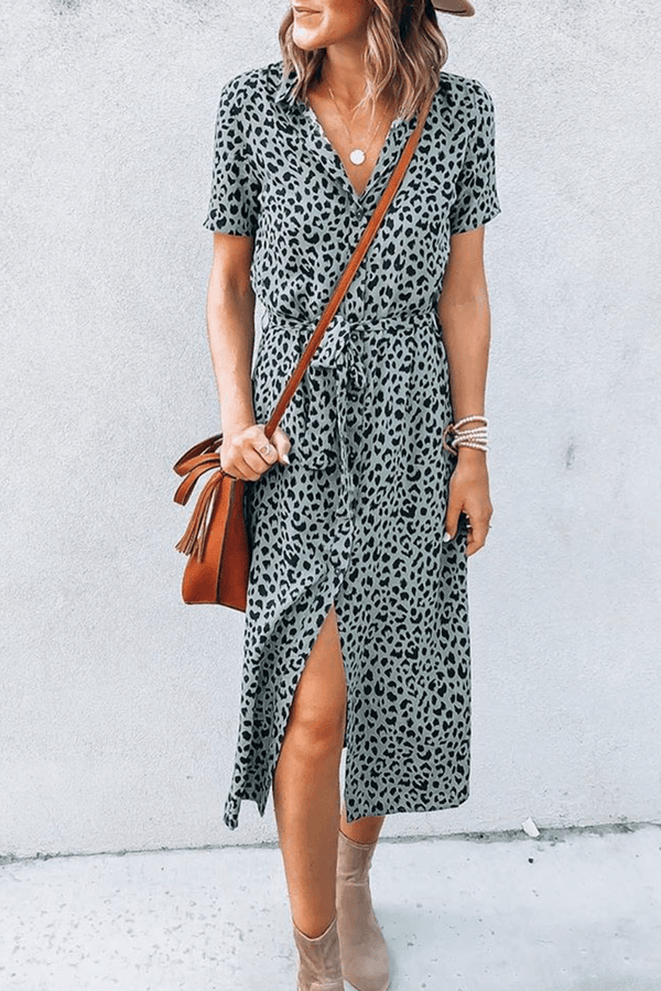 Casual Elegant Print Bandage Slit With Belt POLO collar A Line Dresses ohmylady/Dresses OML Green S 