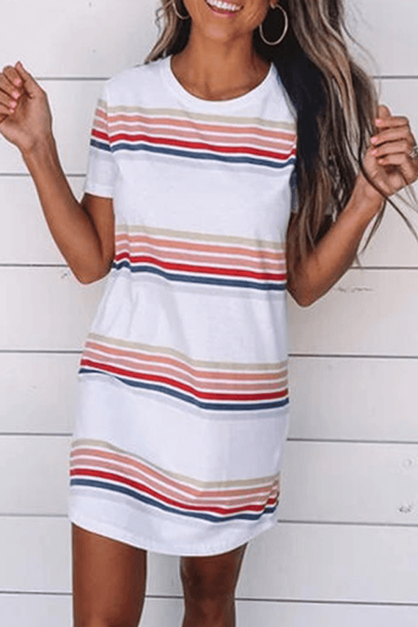 Casual Striped Character Print Contrast O Neck Short Sleeve Dress ohmylady/Dresses OML 