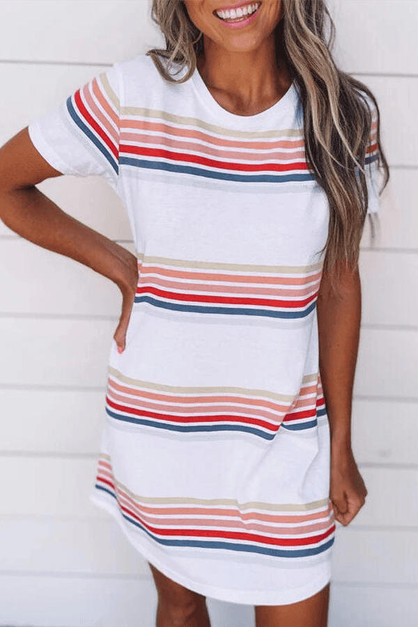 Casual Striped Character Print Contrast O Neck Short Sleeve Dress ohmylady/Dresses OML White S 