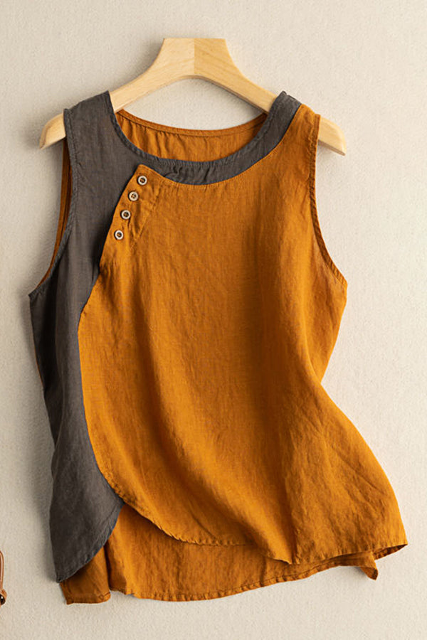 Contrast Color Cotton And Linen Vest