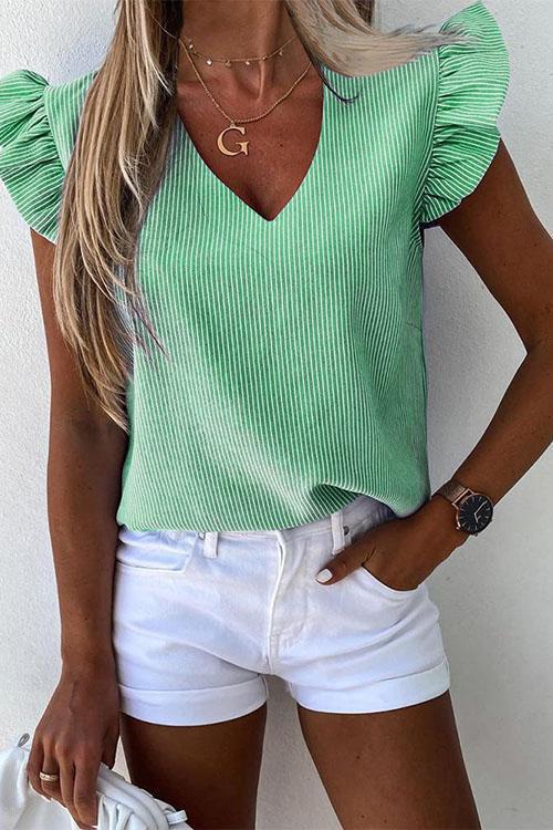Cece V Neck Scollop Sleeve Top ohmylady/Tops OML Green S 