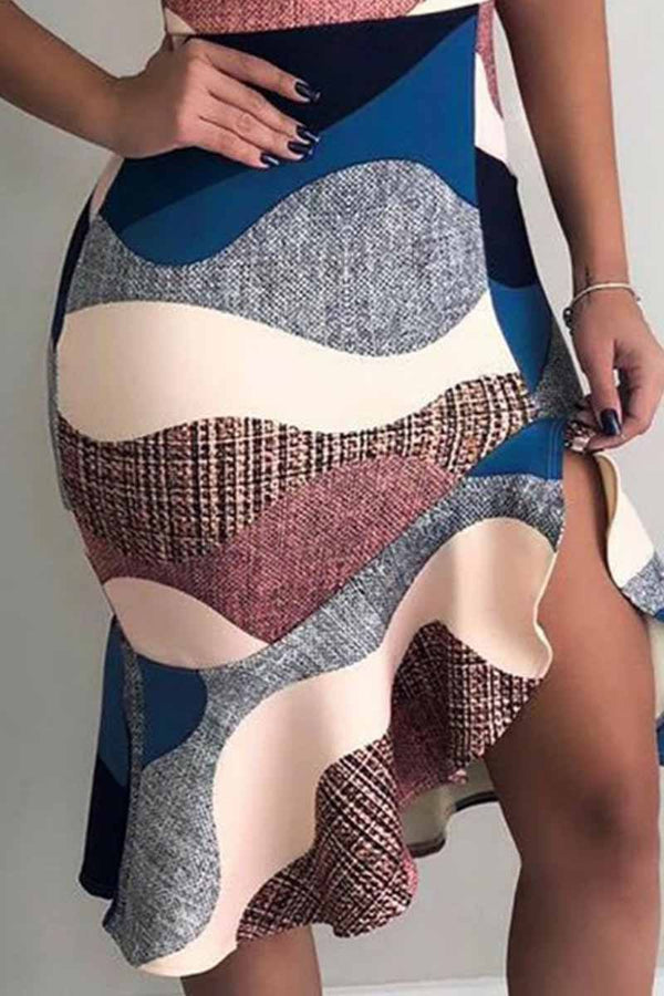 Colorblock Print Spaghetti Strap Ruffles Dress ohmylady/Dresses OML 
