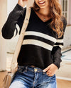 Cozy Life Striped V-Neck Crop Sweater - Black ShellyBeauty 