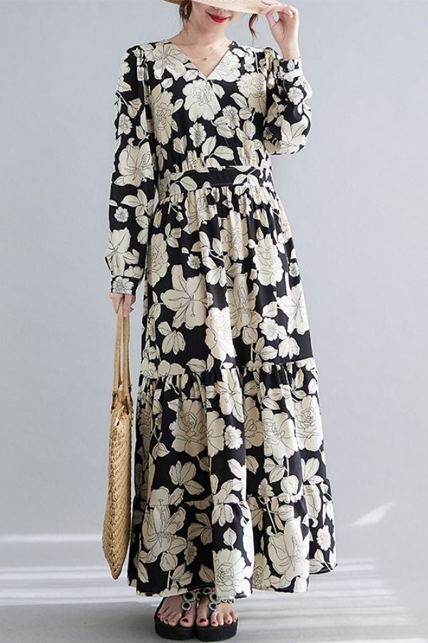 Floral Printed V Neck Maxi Dress