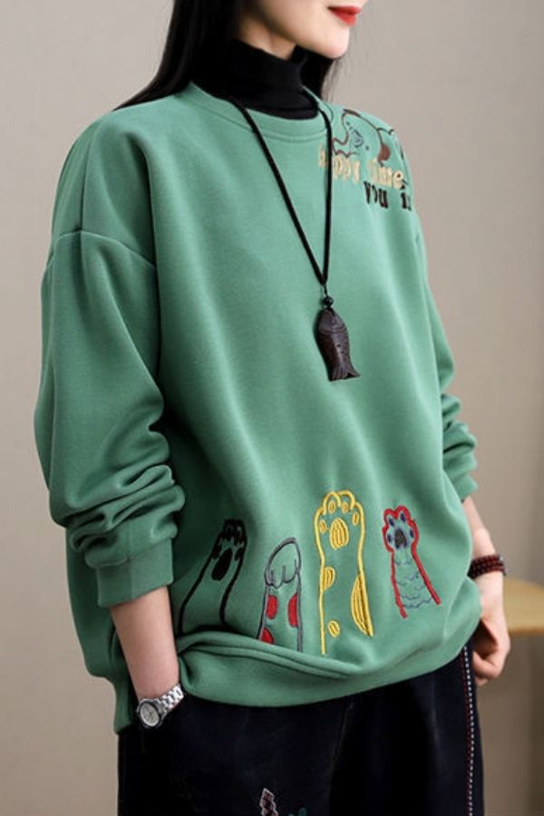 Embroidery Cotton Round Neck Sweatshirt