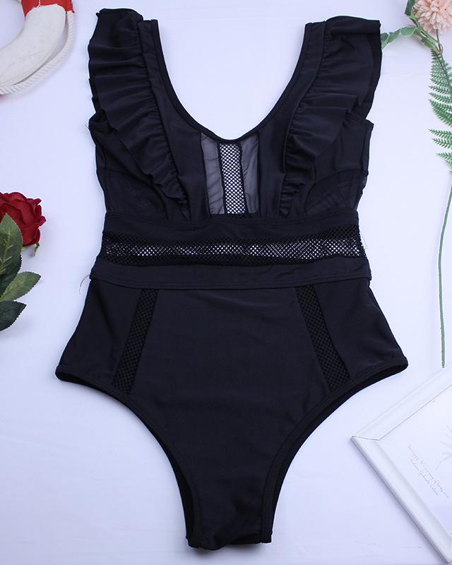 Deep V-neck Ruffle Patchwork One-piece Swimsuit Swimwear oh!My Lady 