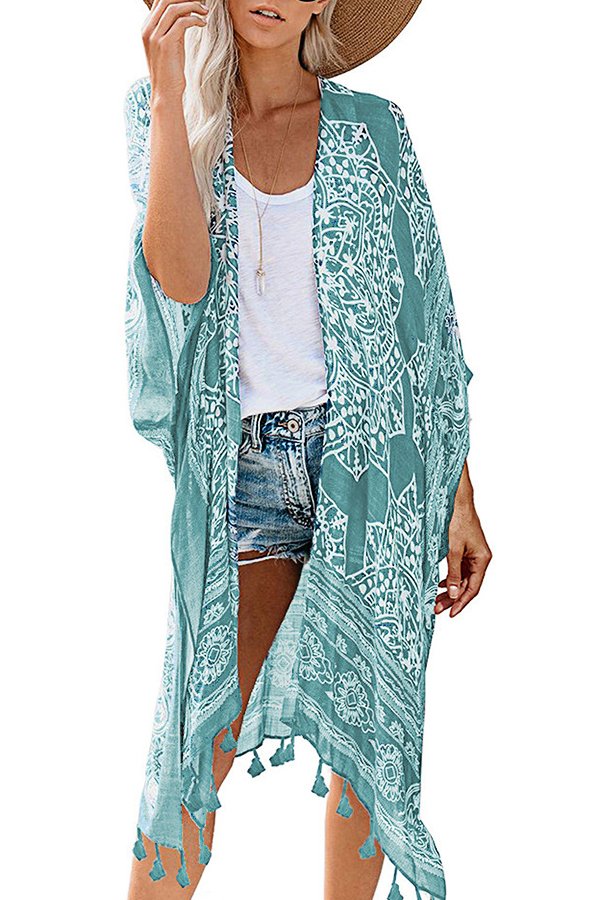 Printed Fringed Beach Blouse (Fit 99 To 154lbs)