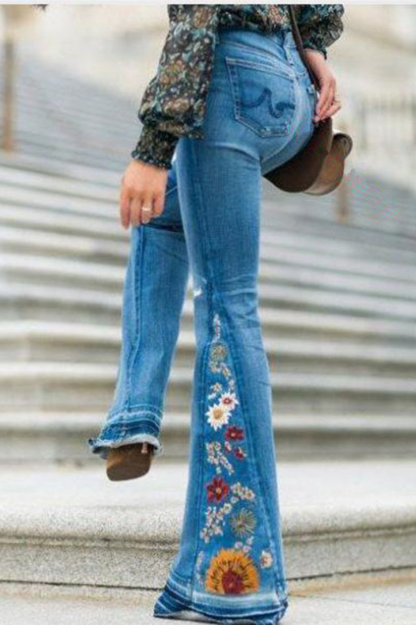Floral Embroidery Denim Jeans