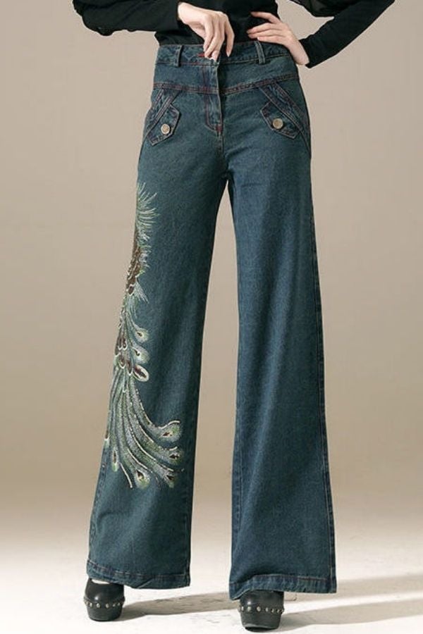 High Waisted Embroidery Jeans