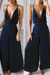 Fashion Sexy Solid Backless V Neck Loose Jumpsuits Florcoo/Set OML Navy Blue S 