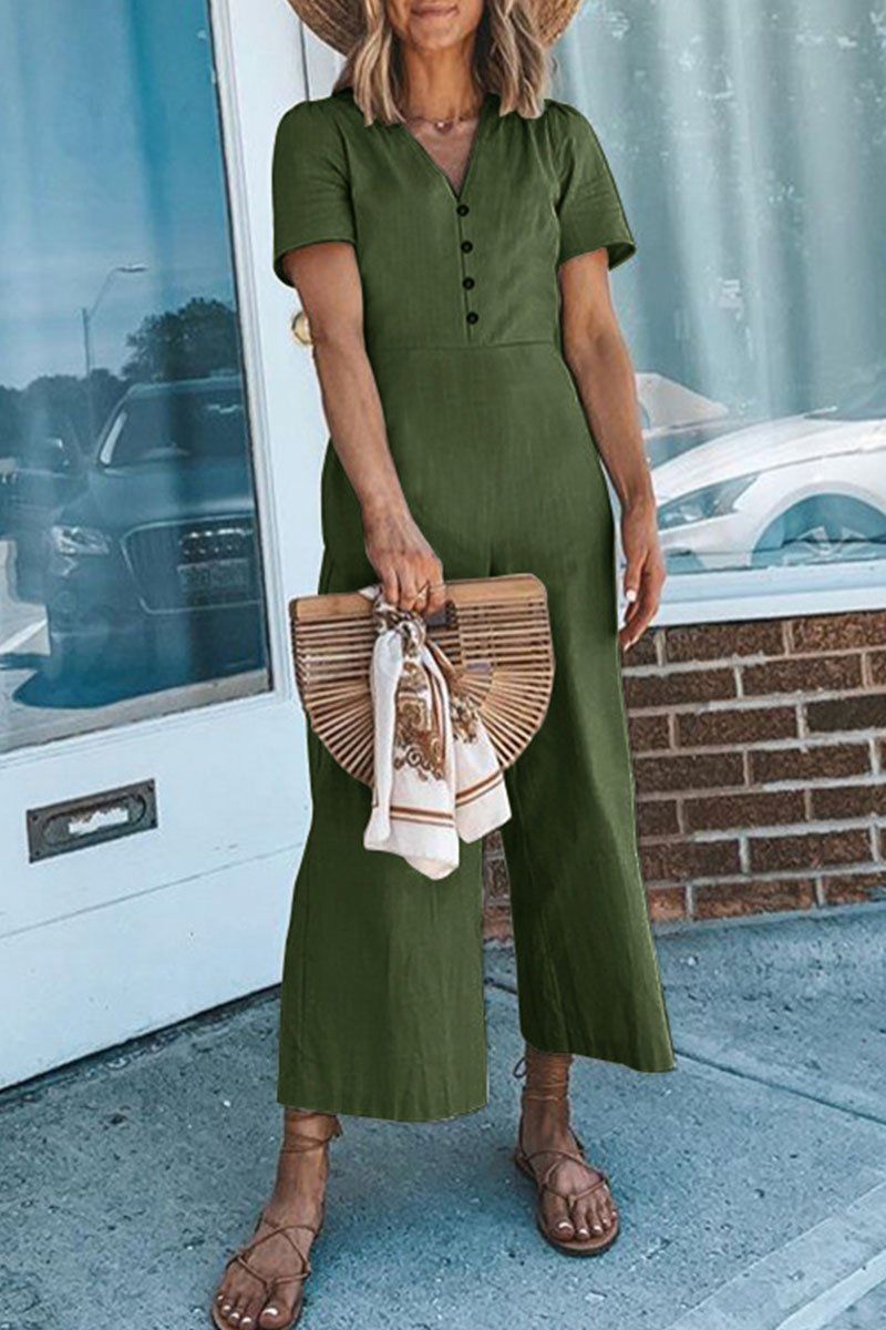 Fashion Sexy Solid V Neck Straight Jumpsuits ohmylady/Set OML Green S 