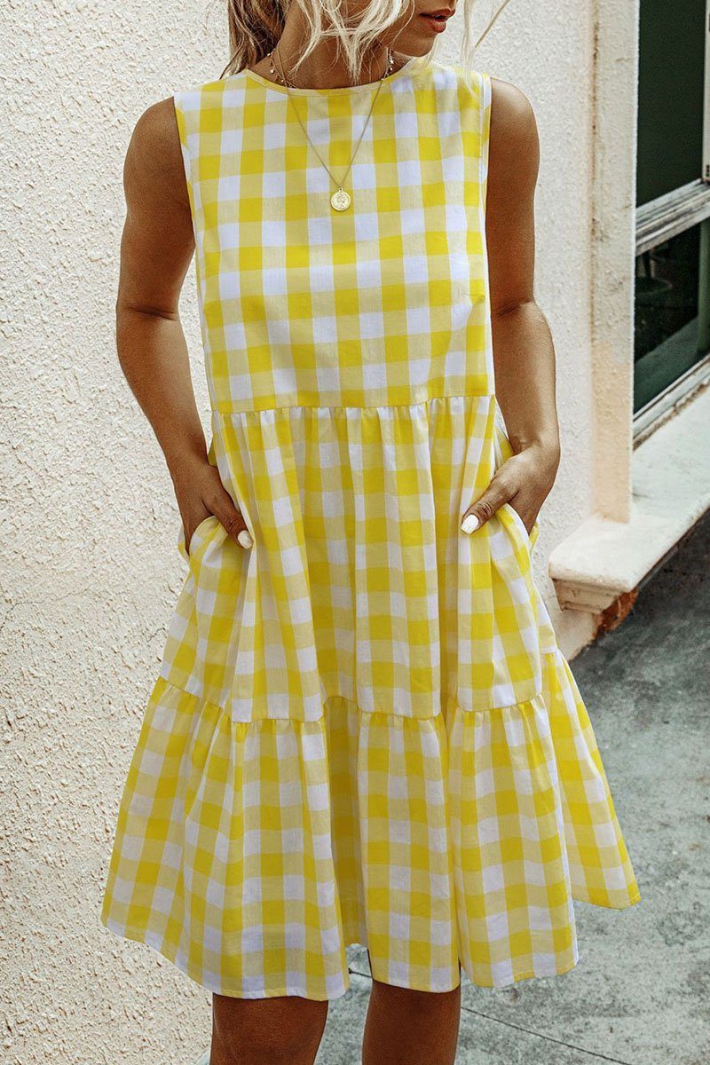 Fashion Street Plaid Split Joint O Neck Princess Dresses ohmylady/Dresses OML Yellow S 