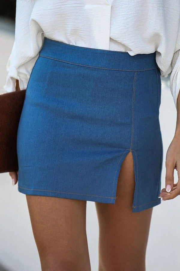 Fashion Street Solid Slit Mid Waist Skinny Denim Skirts Denim/Denim Skirts oh!My Lady 