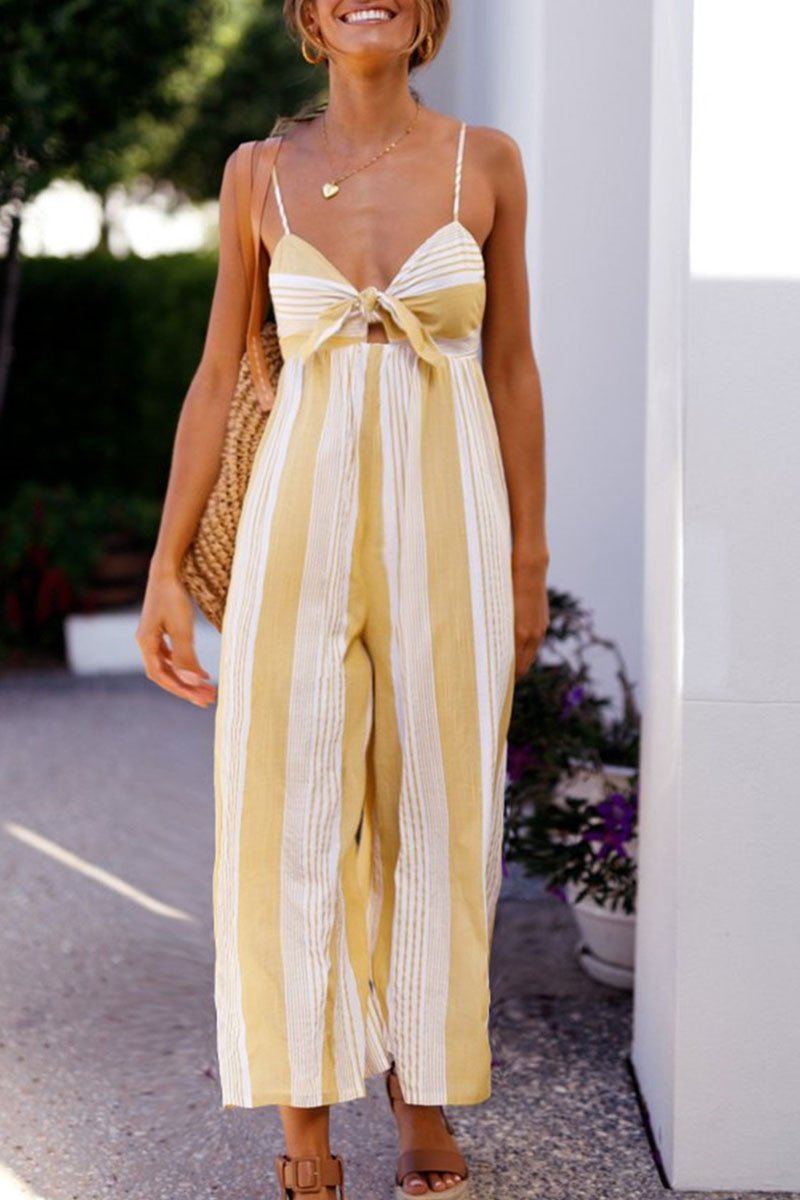 Fashion Street Striped Split Joint V Neck Loose Jumpsuits Florcoo/Set OML Yellow S 