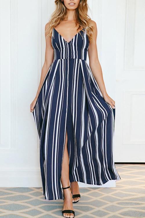 Fashion V Neck Striped Side Slit Royalblue Chiffon Ankle Length Dress ohmylady/Dresses OML 
