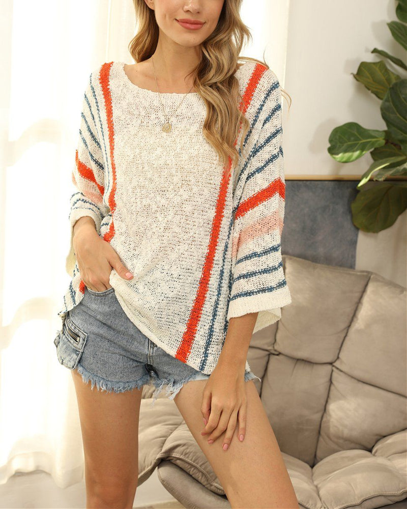 Feel it Still Hollow Knitted Striped Pullover Top ShellyBeauty 