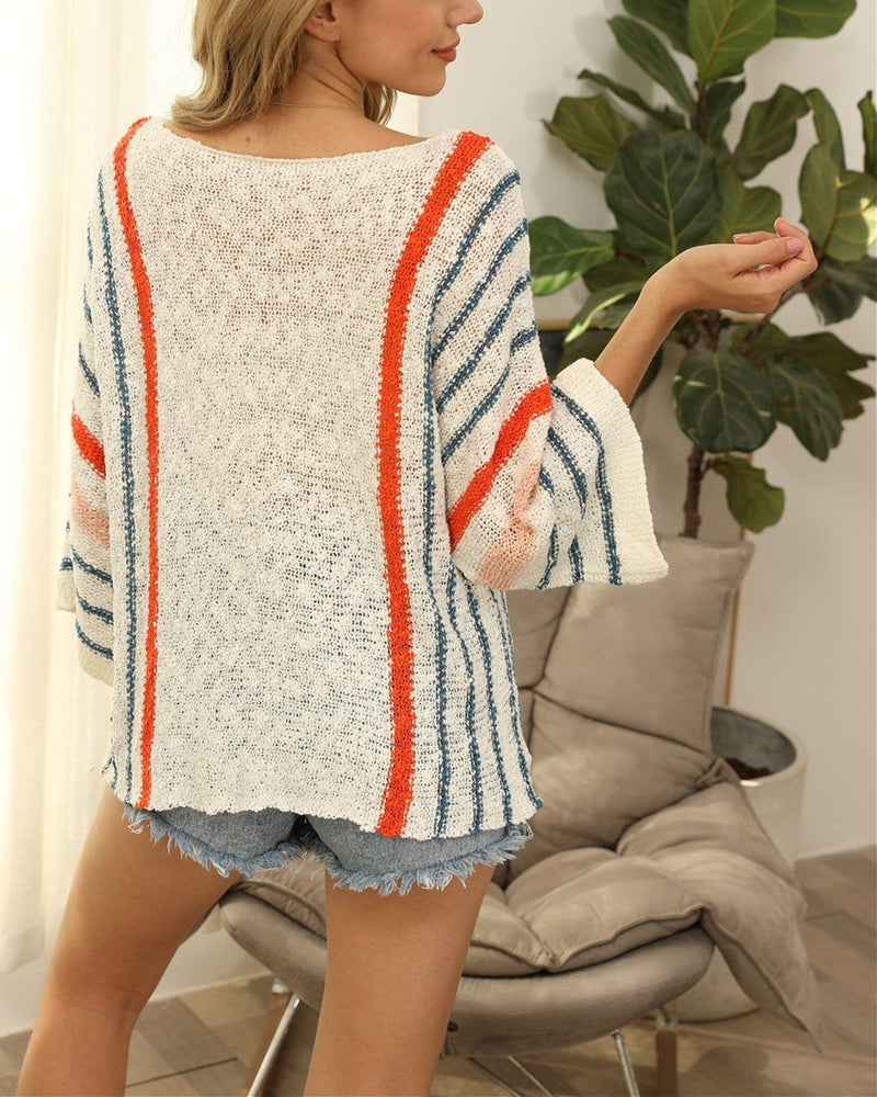 Feel it Still Hollow Knitted Striped Pullover Top ShellyBeauty 