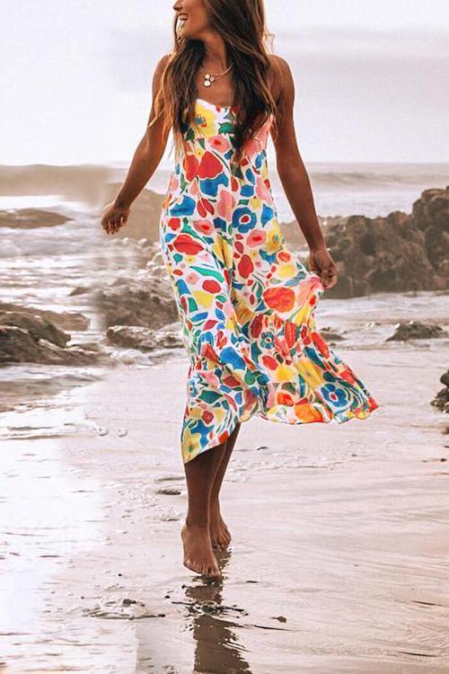 Floral Printed Summer Backless Mid Calf Dress Florcoo/Dresses OML 
