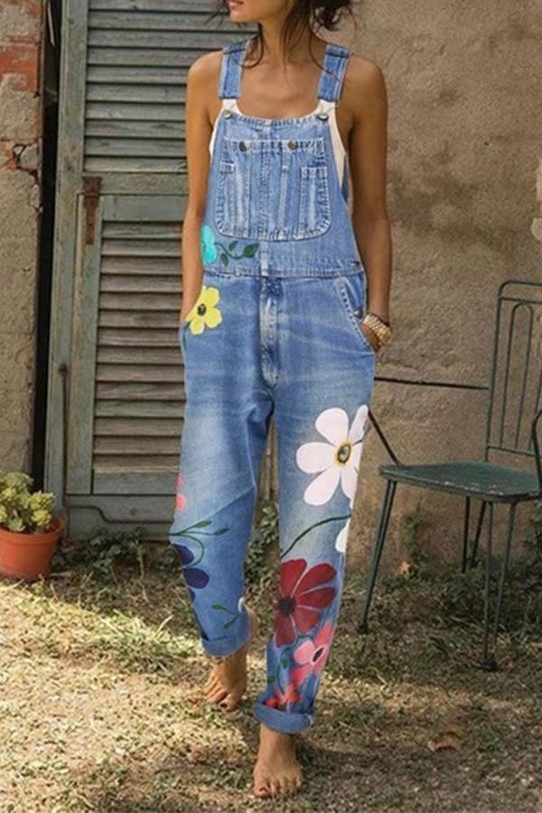 Flower-printed Baggy Jeans With Suspenders(3 Colors) ohmylady/Set - x OML Wathet blue S 