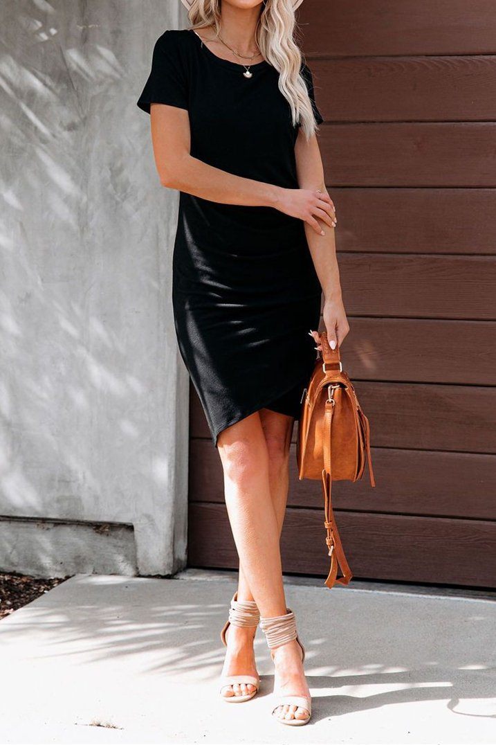 Francesca Short Sleeve Ruched Knit Dress - Black ss-VCC - t1 OML 