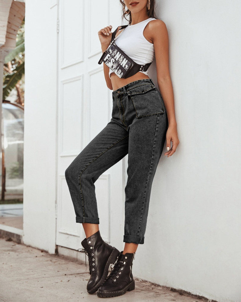 Free People High-Waisted Cargo Jeans - black oh!My Lady 