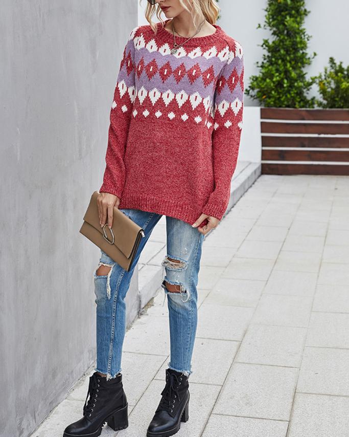 Geometric Knit Sweater - Red oh!My Lady 