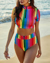 High Waist Short Sleeves Swimsuit - Rainbow stripes Swimwear ShellyBeauty 