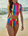 High Waist Short Sleeves Swimsuit - Rainbow stripes Swimwear ShellyBeauty 