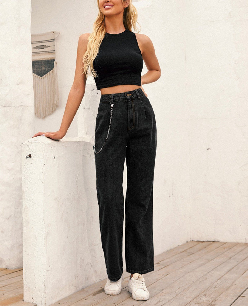 High-waisted Chain-straight Denim Trousers - Black oh!My Lady 