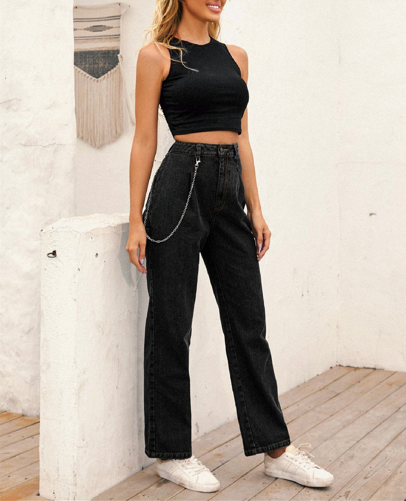 High-waisted Chain-straight Denim Trousers - Black oh!My Lady 